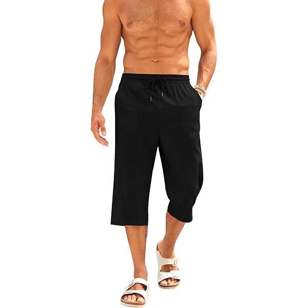Remxi Short 3/4 En Lin Pour Homme Coupe Ample - Pantalon Cargo Été Décontracté