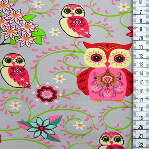 Jersey-Stoff „Indie Eule“ bunt / Kinder-Baumwoll-Jersey / Beste Öko-Tex Qualität / Meterware ab 50cm / UX-10-5 (01. Rot Pink Grün auf Grau) - 6