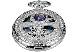 Tiong No Battery Black Style Mechanical Pocket Watch, Vintage Mechanical Pocket Watches Roman Numerals with Case and Chain for Men