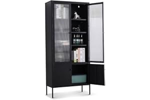 ‎COEMO Coemo Glasvitrine - Vitrine Tokio Schrank Modern für Küche, Flur und Wohnzimmer Möbel zur Aufbewahrung - Metall Vitrinenschrank in Schwarz Regal mit Türen und Einlegeböden - Hochschrank für Bücher