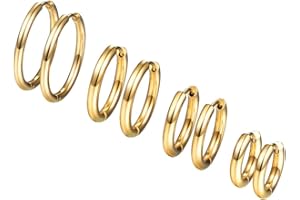 PROSTEEL Set di Orecchini Cerchio/Orecchini Clip Donna Uomo, 3/4 Paia 6/8 Pezzi, 10/14/16/20 mm Diametro, Acciaio Inossidabile/Placcato oro 18K, Colore Argento Oro Nero(Confezione Regalo)