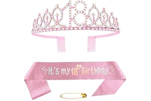 CEQINY 18th Birthday Sash and Tiara Crown Pink Crystal Birthday Crown Set Pink Birthday Crown Sash Decoration Birthday Crown for Girls Women Birthday Party Accessories Birthday Decoration 18th