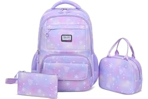 PROTAURI Enfants Filles Scolaire Sac à Dos - Adolescents Enfants école élémentaire 3 Pièces Sac à Dos Léger avec Sac à Déjeuner et Trousse à Crayons pour Voyage