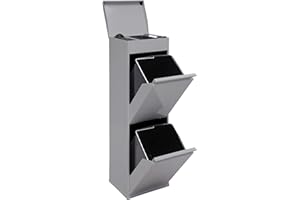Arregui Top CR222-B Cubo de Basura y Reciclaje de Acero de 2 Compartimentos con Cajón Superior | 2x17 L (34 L) | Cubos de Basura de Cocina | Contenedores de Reciclaje para Casa u Oficina | gris