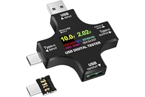EUAKEE 2 en 1 Testeur USB, Multimètre USB avec Écran Couleur IPS, Ampèremètre USB, Tension, Puissance, Détecteur de Capacité, Supporte PD2.0/PD3.0/QC/AFC/SCP