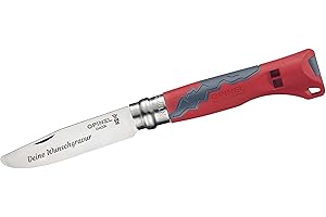 SCHMALZ Opinel Outdoor Junior Cuchillo infantil con mango de plástico, grabado personal, punta redondeada frontal, inoxidable, silbato de señal, regalo (rojo)