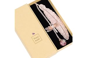 NWVUOP Metal Feather Bookmark with Gift Box, Vintage Book Mark with 3D Dragonfly and Dried Flower Glass Bead Pendant, Mother's Day Gifts for Book Lovers Women, Teachers, Kids (Pink)