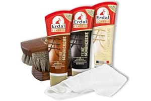 Erdal Schuhpflegeset Feine Schuhcreme, Farbauffrischung Glanz & Schutz, für Glattleder, Schuhpflegemittel-Bundle 6-teilig, mit Tubencreme für, 2 Glanzbürsten & Poliertuch für Lederschuhe