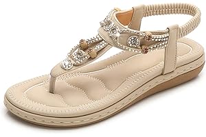 iCKER Women's Flat Sandals Ladies Thong Flat Sandals Bohemian Beaded Strap Sandals Diamante Rhinestone Leather Sandals
