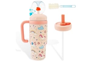 VAVPUP Edelstahl Walbrunnen Tumbler mit Griff,710ml,Auslaufsicherer Wal-Trinkbecher mit Henkeldeckel und Strohhalm, Süße Trinkflasche für Kinder, Jugendliche und Erwachsene,Spülmaschinenfest(Rosa)
