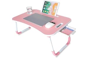 unycos - Plateau de Petit Déjeuner, Table de Lit Pliante Multifonctionnel, Plateau Bois, Support Ordinateur Portable avec Poignée, Porte-Gobelets, Porte-Tablette 60x40x26 cm (Rose avec Tiroir)