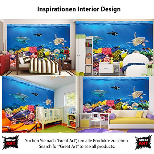 Fototapete Aquarium Wandbild Dekoration farbenfrohe Unterwasserwelt Meeresbewohner Ozean Fische Delphin Korallen-Riff Clownfisch | Foto-Tapete Wandtapete Fotoposter Wanddeko by GREAT ART (336 x 238cm) - 4