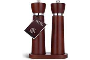 TLYSXPRO Molinillos de Sal y Pimienta de Madera Set de 2 Manuales Recargables Mecanismo Cerámico Ajustable con Base, Altura 21 cm, Castaña Asada
