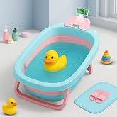 Little Olive Baby Bath Tub with Temperature Display | Foldable and Antislip Design | Safe Plastic Tub for Infants and Toddlers (0 to 3 Years) | Pink a