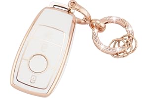 Koaudb Key Cover for Mercedes Benz 3 Buttons Fit for Mercedes Benz A B C E G S SL CLS Class AMG Soft TPU Key Fob Protector with Bling Key Ring Car Smart Key Fob Case (R-Bz-3L-W)