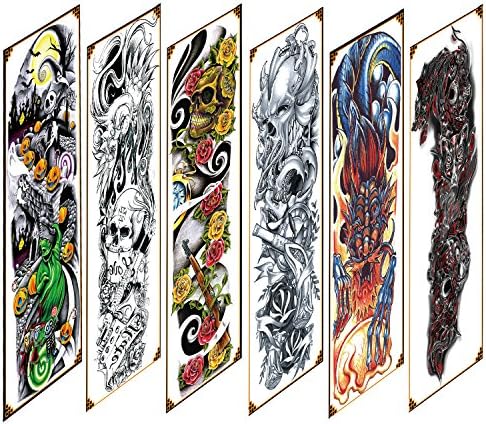 6 Sheets Full Arm Temporary Tattoo Transfer Body Stickers for Man Women, Waterproof Removeable Non-Toxics Large Size for Arms and Legs (Type 2)