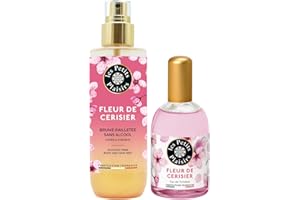 Les Petits Plaisirs - Lot Brume parfumée fleur de cerisier pailletée + Eau de toilette fleur de cerisier, Spray pailleté corps Made in France, Brume 200ml, Eau de toilette 110ml