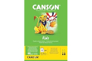 Canson Kids, Papel de dibujo blanco, Grando ligero, 90g, Encolados por el lado corto, A4-21x29,7cm, Blanco, 30 Hojas