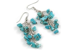 AVALAYA Turquoise Nugget Stone Cluster Drop/Dangle Earrings In Silver Tone - 60mm L
