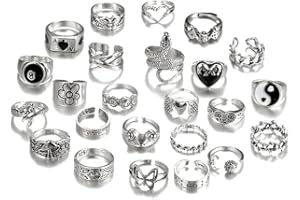 TOFBS Vintage Silver Punk Rings Set - Men Women Open Chunky Knuckle Emo Stackable Animal Boho Y2K Ace Butterfly Snake Skull Heart Flower Rings