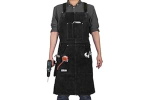 QeeLink Delantal de soldador de cuero con 6 bolsillos, delantal de trabajo resistente al calor y a las llamas, ajustable de M a XXXL