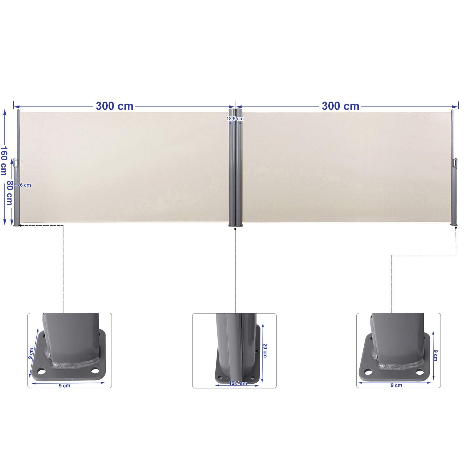 SONGMICS 160 x 600 cm, 180 x 600 cm, 200 x 600 cm, Seitenmarkise, Sichtschutz, Sonnenschutz, Trennwand, mit verstärktem Polyestergewebe 280 g/㎡, – Bild 3