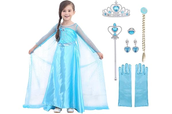 URAQT Dress Costume de Princesse, Dress Up pour Filles avec Accessoires Gants Couronne Baguette Tresse Robe Longue Costume pour Fête et Cosplay(100-150)