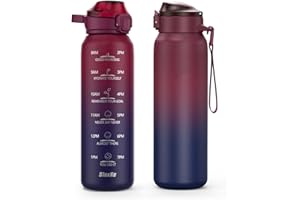 SLUXKE Botella Agua 18/10 Acero Inoxidable 1 Litro, Botella Termica 1000ml con Handle y Marcador de Tiempo, Libre BPA, Cantimplora Infantil para Gimnasio, Deporte, Ciclismo