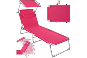 Tectake® Chaise Longue Pliante Bain de Soleil avec Pare Soleil & Appuie-tête - Inclinable Transat de Plage Relax pour Jardin, Camping, Salon Extérieur - Rose