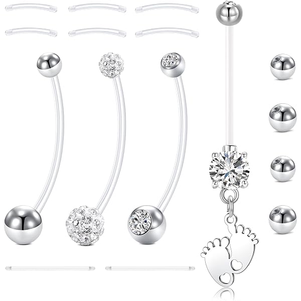 Milacolato 10PCS Grossesse Piercing Nombril Anneau Clear Flexible Sport Maternité Anneau De Bouton De Nombril Anneau Long Bar Anneau De Nombril Mix Style Retainer 14G 1 1/2Inch (38mm), Métal, Agate