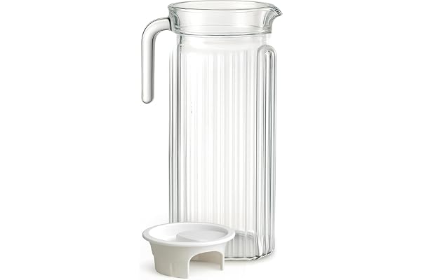NIVAASA 1.1L Glass Jug with Lid Multipurpose Beverage Pitcher for Water, Milk, Juice, Lassi & Cocktail Transparent Carafe with Easy Pour Spout & Strong Handle for Home and Office Use