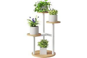 IBUYKE 4 Niveaux Support de Plante en Métal Bois, 52.5cm de Haut Étagère d'Angle pour Pots de Fleurs Interieur, Petit Porte Plantes d'Intérieur pour Terrasse Balcon Jardin Salon, Blanc TMJ073R