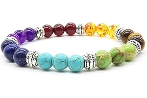 MAYTING Perles de Pierre Bracelet Turquoise Naturelle 7 Reiki Chakra Élastique Tibétain Perles de Couleur