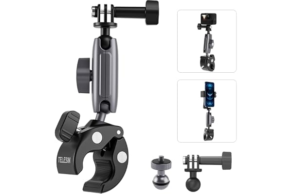 TELESIN Camera Clamp Handlebar Bike Mount 360° Double Ballhead Magic Arm with 1/4"-20 Thread for Motorcycle Monitor Canon Nikon DSLR/Gopro/LED Lights/Ronin-M/Ronin MX/Freefly (Clamp), Black