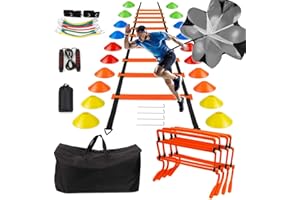 BJNCDIO Fussball Trainingszubehör, Fussball Trainingsset Koordinationsleiter Trainingsleiter, 20 Hütchen, Einstellbare Hürden, Widerstandsschirm, Springseil, Bänder, Fussball Geschenk Jungen