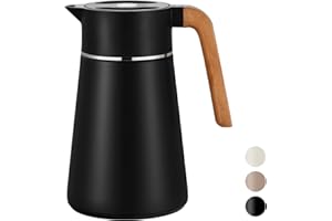 VETIN 1,5L Thermoskanne mit Teesieb, Teekanne mit Siebeinsatz Thermo, Kaffeekanne Thermo 304 Edelstahl Doppelwandige Vakuumisolierung, Isolierkanne mit Holzoptik Griff, 10h Hitze / 16h Kälte (Schwarz)