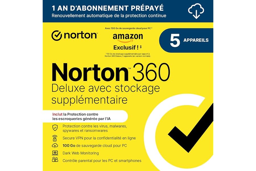 Norton 360 Deluxe Exclusivité Amazon* + 50 Go de sauvegarde cloud supplémentaire |5 Appareils | 1 An d'Abonnement en renouvel