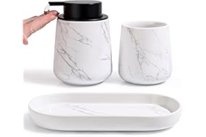 UMLACA White Bathroom Accessory Set - 3 pcs Ceramic Bathroom Soap Dispenser Set Farmhouse Bathroom Decor Sets Accessories, Soap Dispenser and Toothbrush Holder, Tray (Marbling Set - Liquid Pump)