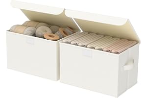 GUOHNHE Fabric Storage Bin with Lid, Closet Boxes with Cover, Collapsible Stackable Organizer Basket with 2 Handles, for Home and Bedroom, 2 Pack, Beige, 26 x 20 x 17 cm, XSNY12BES-2