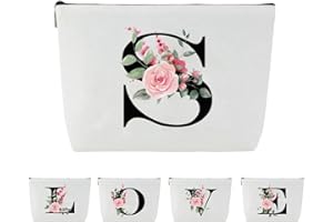 Blisswave Pochette Personalizzata dalla A alla Z, Regali per Donna, Mamme e Amica, Regali di Natale e Compleanno, Elegante e Carina Beauty Case da Viaggio con Iniziale Nome Floreale Rosa (Bianco)