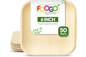 FOOGO Green 50 Platos Desechables de Hoja de Palma, 15 cm, Cuadrado Pequeños, Biodegradables, Compostables, Como Platos de Madera, Bambú, Papel, para Comida Caliente, Bodas, Picnics, Fiestas