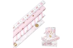 HBell Pink Wrapping Paper Rolls, 4 Rolls Birthday Gift Wrap Paper, Girls Gift Wrap 43cm x 3M for Mother's Day, Easter, Baby Shower, Party, Festive Decorations
