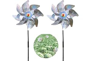 Ceqiny 2 Packs Bird Deterrent Pinwheels Sparkly Silver Spinners Bird Repellent Windmill Whirl Pinwheel Holographic Mylar Reflection Materials Scare Birds Pests Away from Yard Patio Garden Farm