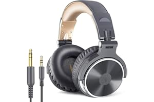 OneOdio - Auriculares con cable para DJ y piano con micrófono, sonido extra bajo, ligero y cómodo plegable con Share-Port, 2 enchufes jacks, auriculares para PC Studio Monitor AMP Pro-10 (gris)