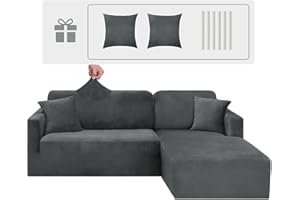 CHELZEN Velours Housse de Canapé Peninsula en Forme de L, 2 Pièces Housses de Canapé d'angle, Housse de Canapé pour Chaise Longue avec Deux Taies d'oreiller (2 Place+2 Place, Gris)