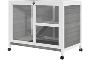 PawHut Conigliera in Legno a 2 Livelli con Casetta per Conigli e Porcellini d'India, Gabbia per Conigli con Rampa e Vassoio Estraibile, 91.5x53.3x73cm, Grigio