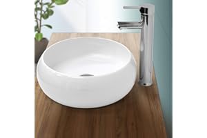ECD Germany Lavabo Cerámico Redondo con Agujero Conexión Estandar Blanco Lavamanos sobre Encimera - 350 x 350 x 120 mm - Diseño Moderno Fregadero sin Juego de Desagüe Realza Cada Baño o Aseo