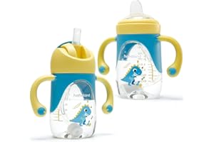 hahaland 2 in 1 Baby Cups & Sippy Cups with Straw and a Spout 240ML, Toddler Drinks Water Bottles Trainer Cup with Handles for Babies 6 12 Months - Unicorn (One Cup with 2 Nipples) (Dino Sippy Cups)