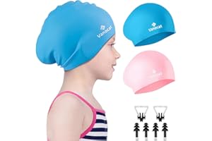 Vanocat 2 Pack Swimming Cap Kids Long/Short Hair, Unisex Swimming Cap Girls Boys for Age 3-15 Years Toddler Waterproof Swimming Cap with Ear Plugs Nose Clip