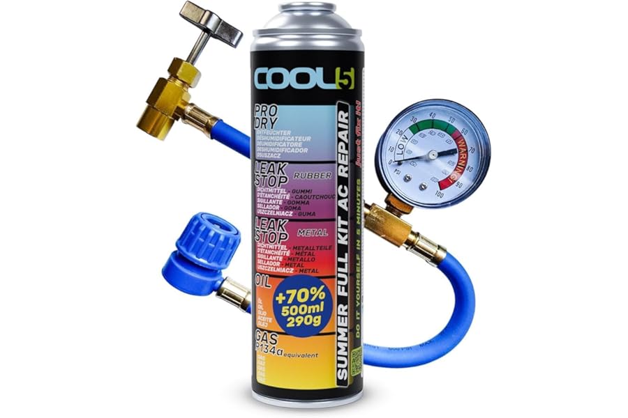 COOL5 R12/R134a 5-in-1 Aircon Recharge Kit + Hose (500ml) - AC Refill Bundle!